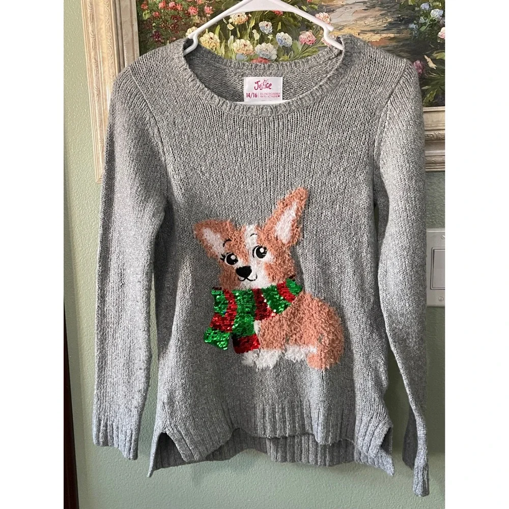Justice Grey kids Girls Corgi Puppy Dog With Scarf Sweater Size 14/16 Used